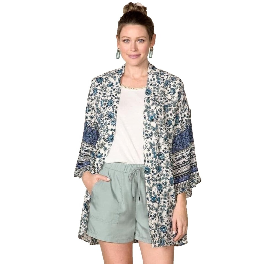 Good Hart Floral Kimono Cardigan Blue Cream‎ Rayon Open Front XS/S New
